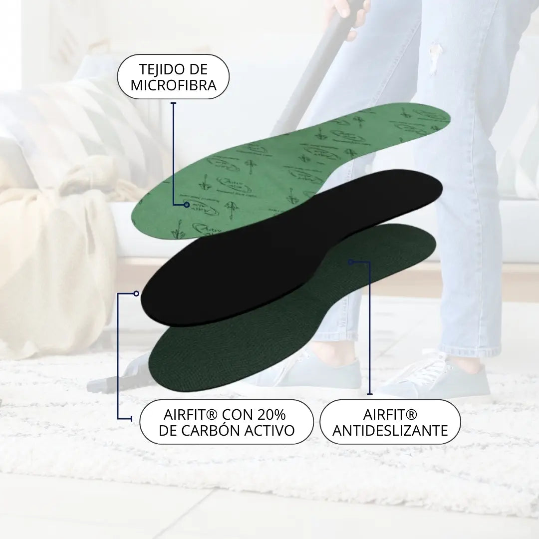 Capas de plantilla aloe vera CLIVS con tejido de microfibra y carbón activo, eliminando olores y ofreciendo un ajuste antideslizante duradero.