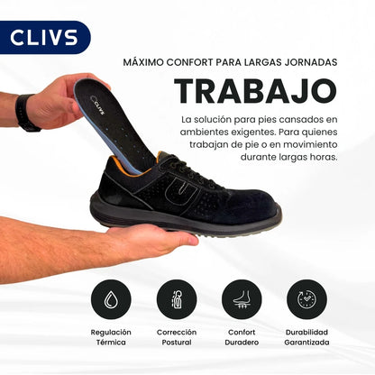 Plantillas CLIVS para botas de seguridad diseñadas para largas horas de trabajo con confort duradero, corrección postural y regulación térmica.