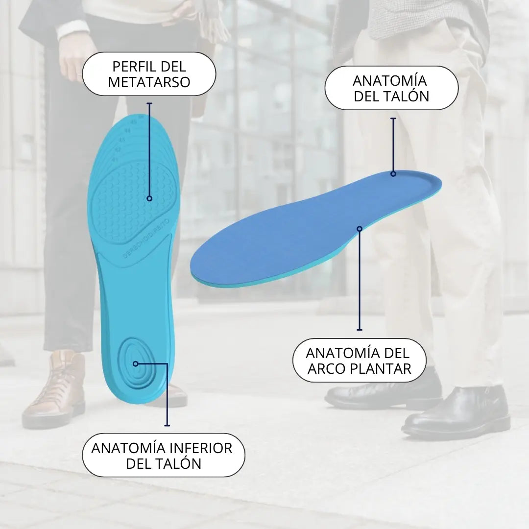 Vista anatómica de plantilla de gel CLIVS azul con perfil del metatarso, soporte del arco plantar y diseño del talón, destacando sus beneficios ergonómicos para confort y distribución de presión plantar.