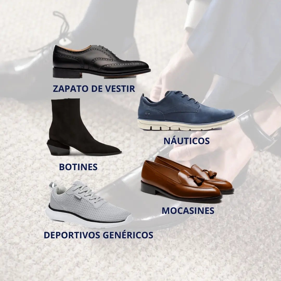 Selección de calzado compatible con plantillas de gel CLIVS, incluyendo zapatos de vestir, mocasines, náuticos, botines y deportivos.