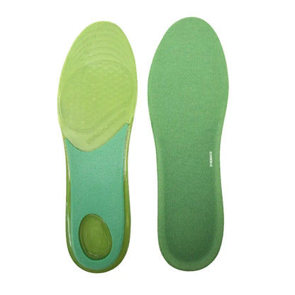 Plantilla verde de gel CLIVS con diseño ergonómico para soporte plantar, indicada para zapatos con suela rígida y actividades prolongadas.