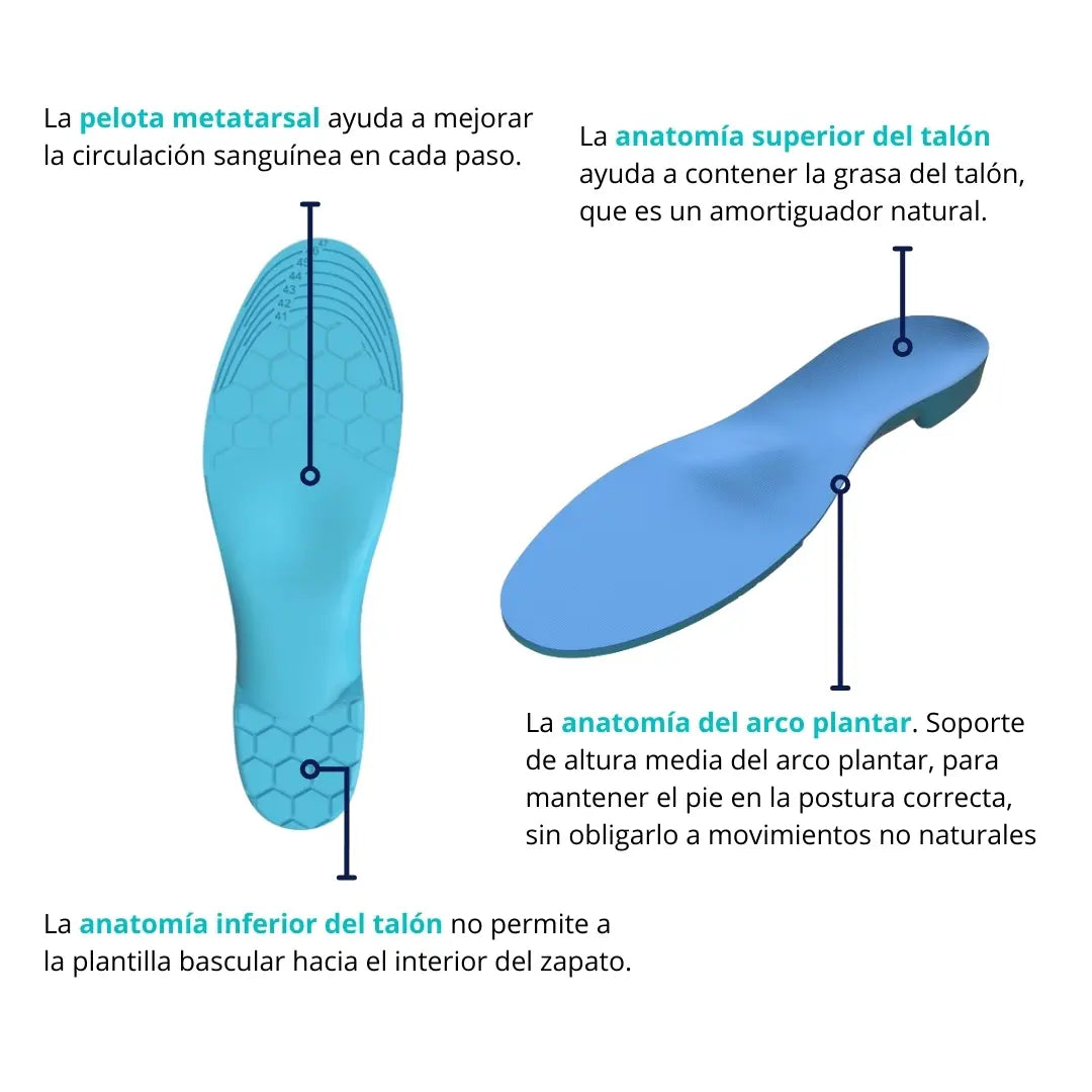 Vista anatómica de plantilla sport CLIVS destacando soporte en talón, arco plantar y metatarso, optimizada para evitar movimientos no naturales.