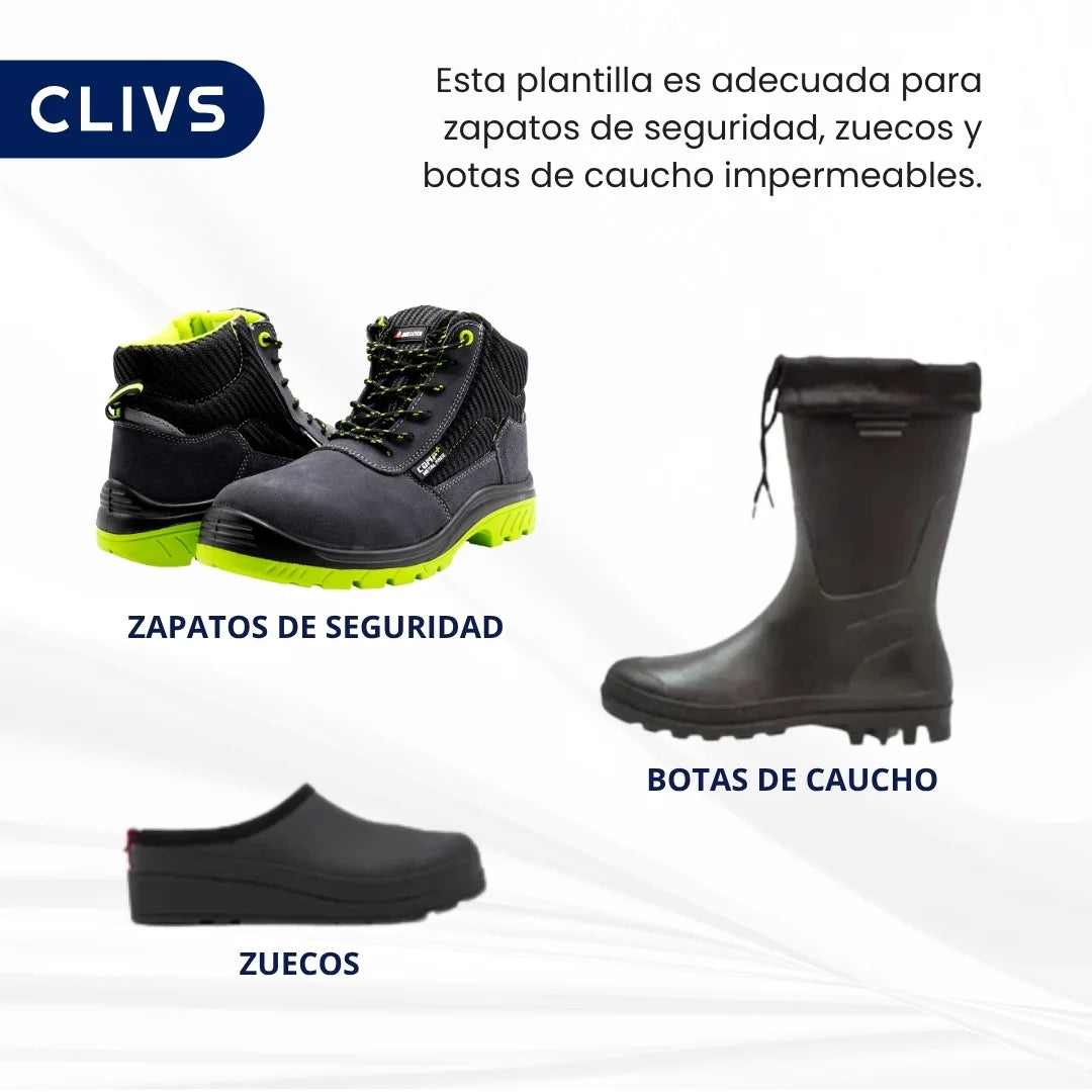 Plantillas CLIVS compatibles con zapatos de seguridad, zuecos sanitarios y botas de caucho impermeables para uso laboral.
